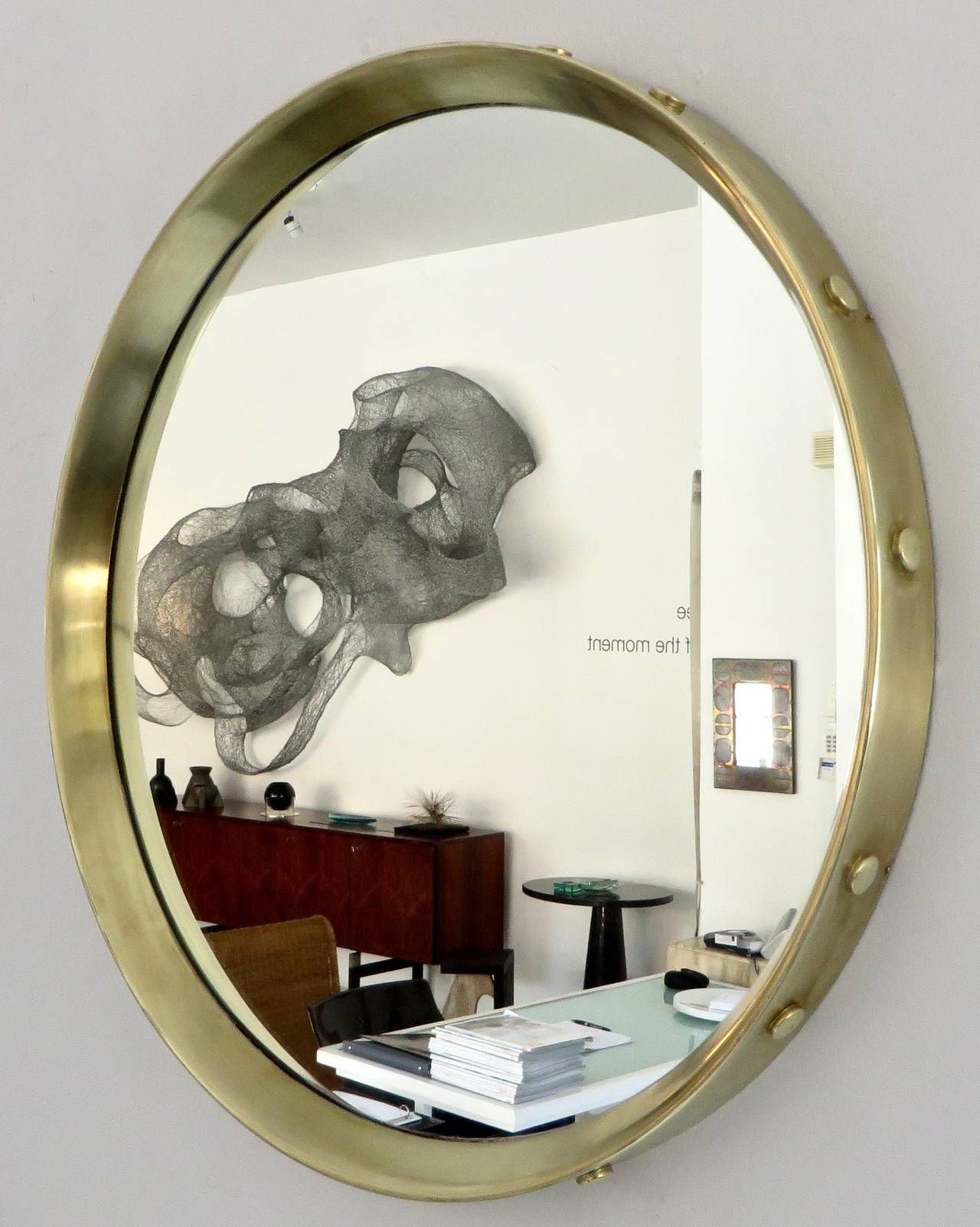 Italian Round Brass Framed Mirror With Decorative Buttons At 1stdibs Inside Uneven Round Framed Wall Mirrors (Photo 1 of 15)