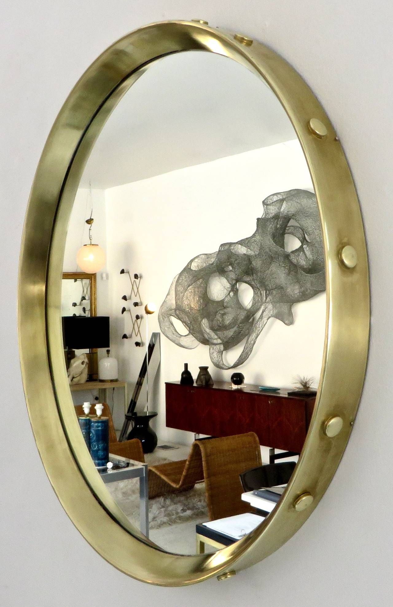 Italian Round Brass Framed Mirror With Decorative Buttons At 1stdibs Throughout Uneven Round Framed Wall Mirrors (View 12 of 15)