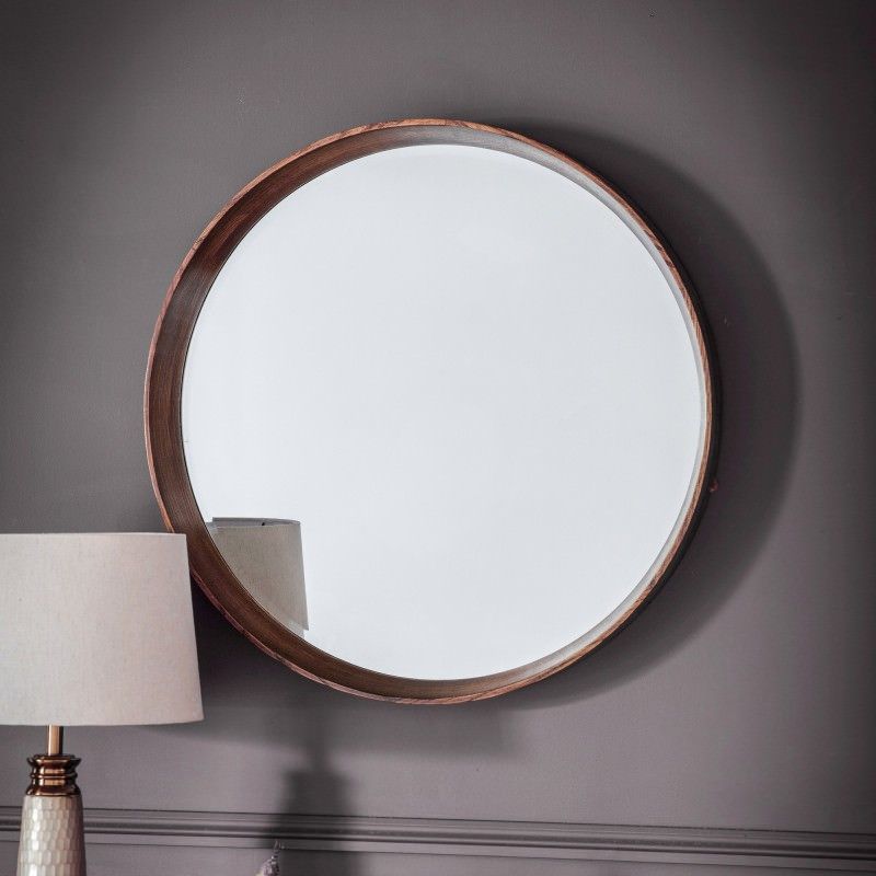 Kalem Wooden Frame Round Wall Mirror, 74cm, Walnut For Free Floating Printed Glass Round Wall Mirrors (View 8 of 15)