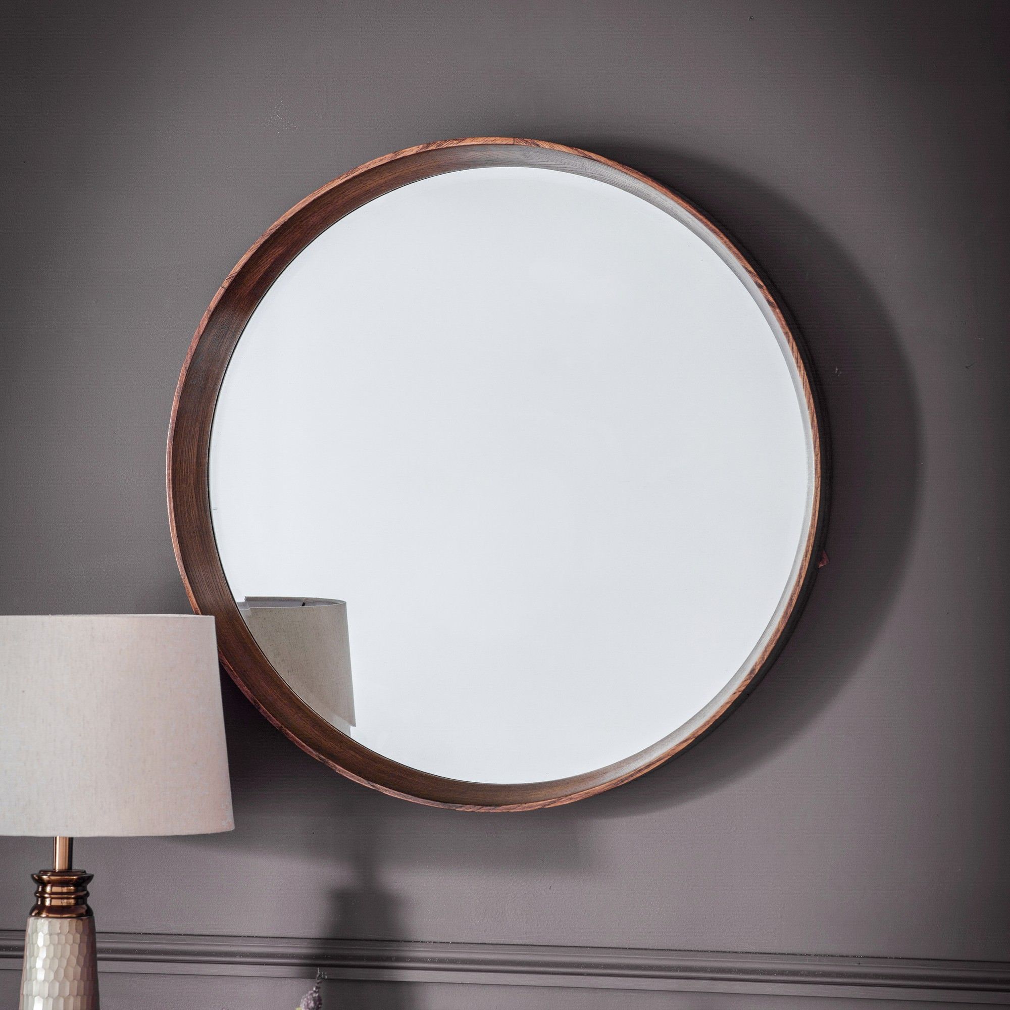 Kalem Wooden Frame Round Wall Mirror, 74cm, Walnut For Round Stacked Wall Mirrors (Photo 5 of 15)