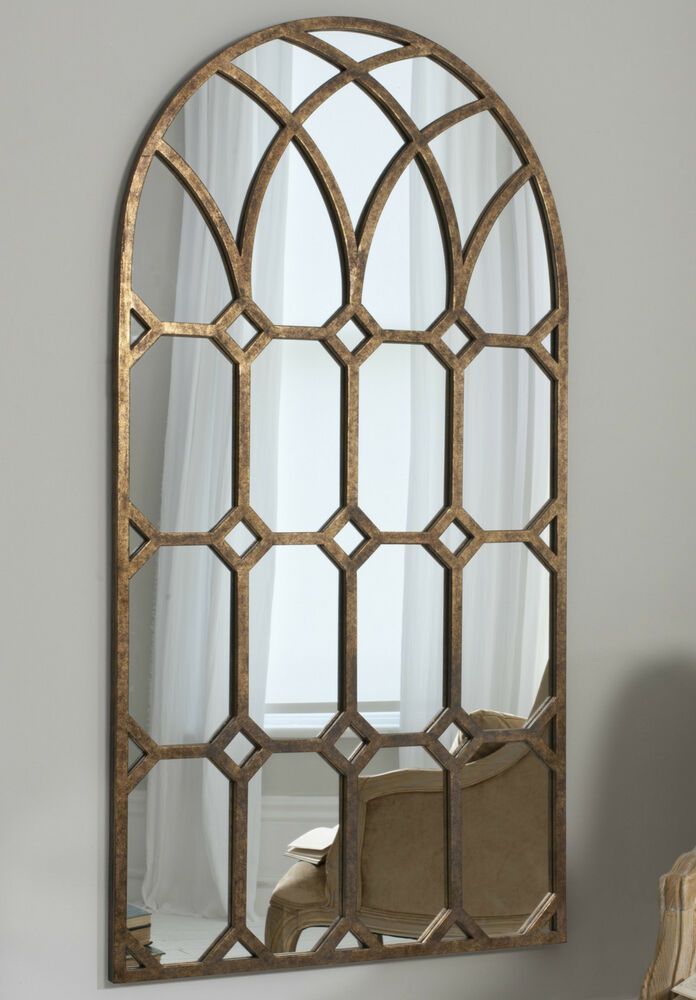 Khadra Extra Large Vintage Aged Bronze Metal Arched Window Wall Mirror Intended For Bronze Arch Top Wall Mirrors (View 3 of 15)