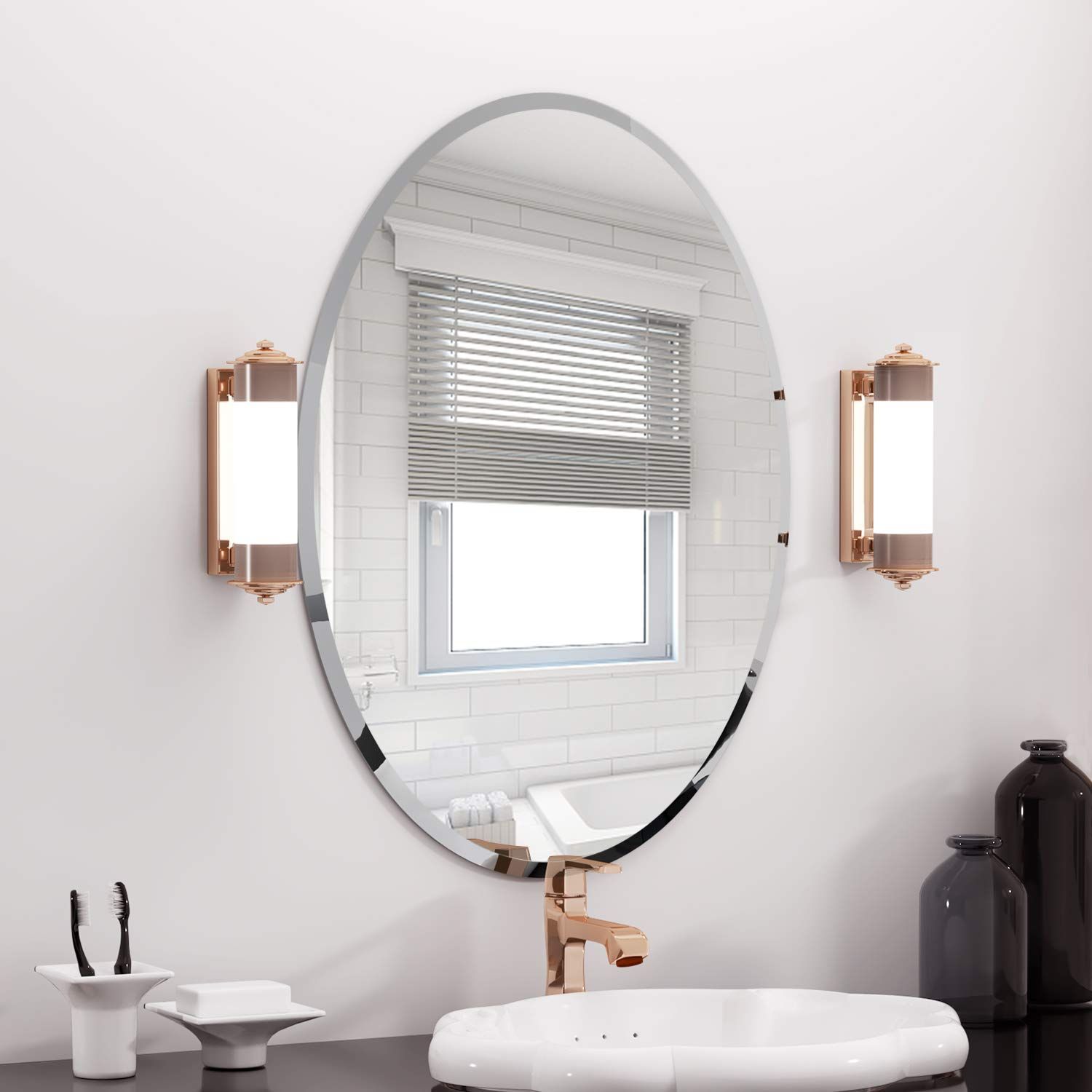 Kohros Oval Beveled Polished Frameless Wall Mirror For Bathroom Intended For Crown Frameless Beveled Wall Mirrors (View 4 of 15)