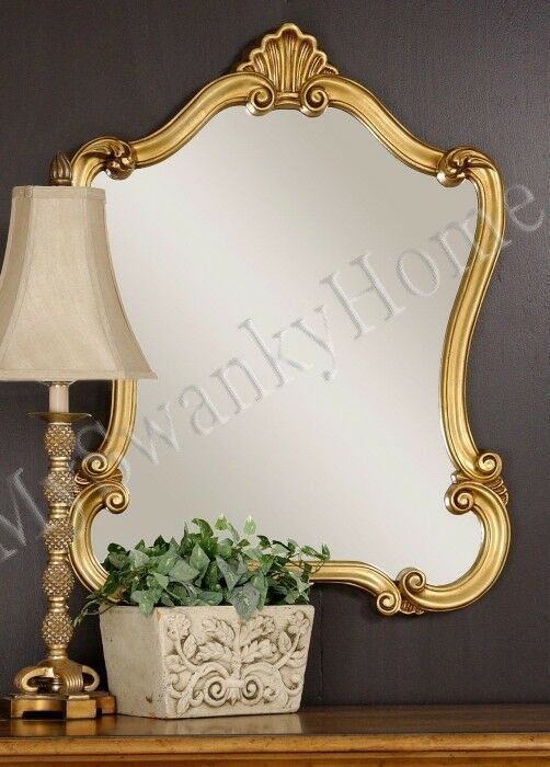 Large 35" Antique Gold Shaped Vanity Mirror Neiman Marcus Wall Throughout Antique Gold Etched Wall Mirrors (View 10 of 15)