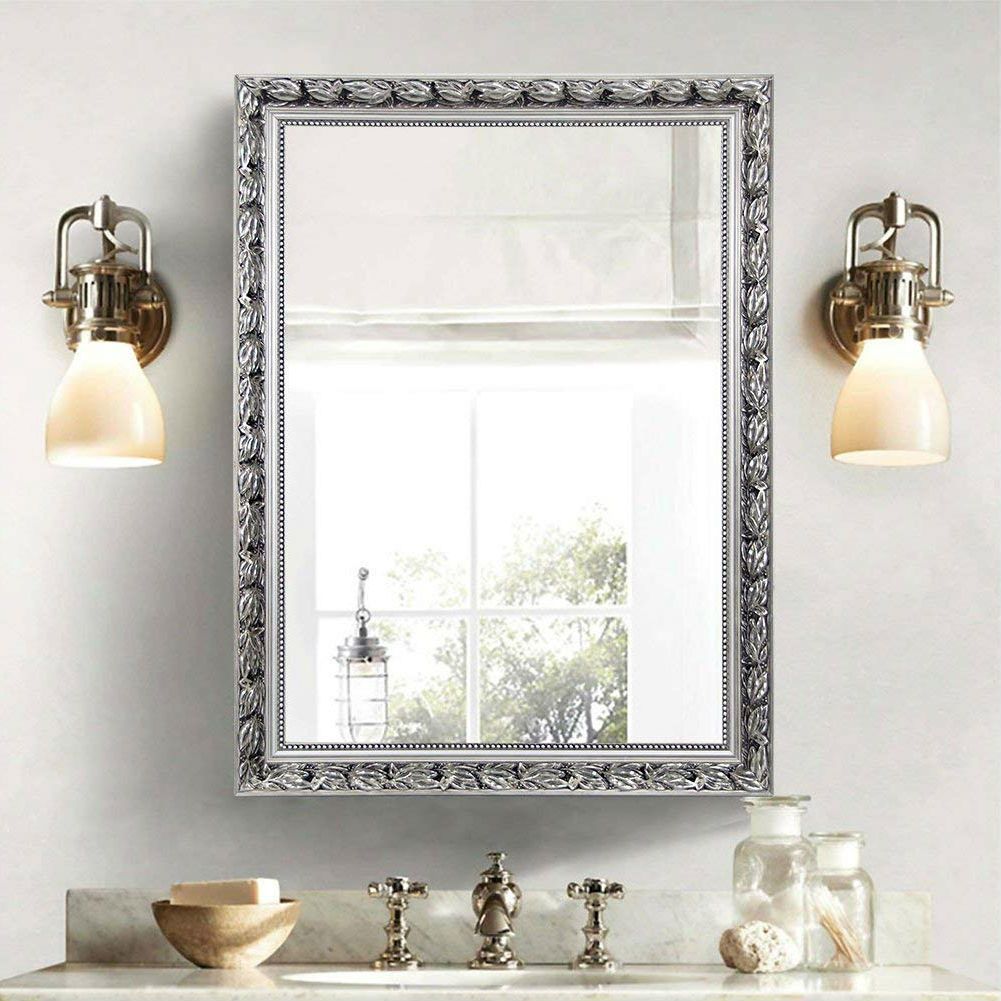 Large 38 X 26 Inch Bathroom Wall Mirror With Baroque Style Silver Wood Inside Silver Asymmetrical Wall Mirrors (Photo 9 of 15)