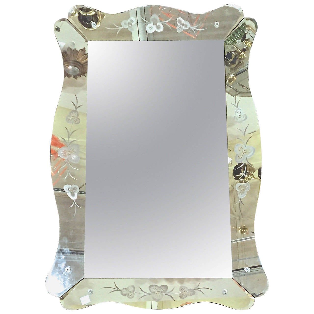 Large Art Deco Etched Curved Edge Wall Mirror At 1stdibs Within Rounded Cut Edge Wall Mirrors (View 14 of 15)