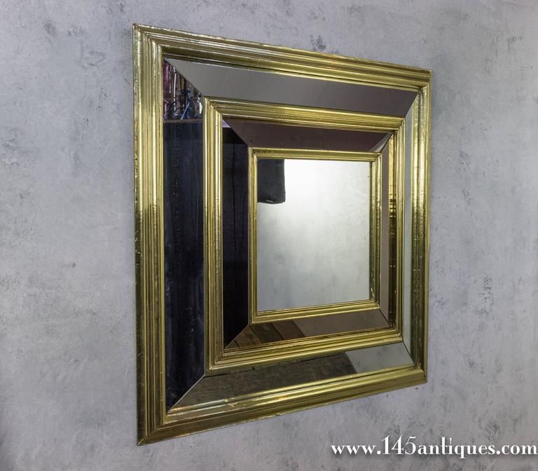 Large French, 1980s Square Brass Framed Mirror For Sale At 1stdibs Inside French Brass Wall Mirrors (View 5 of 15)
