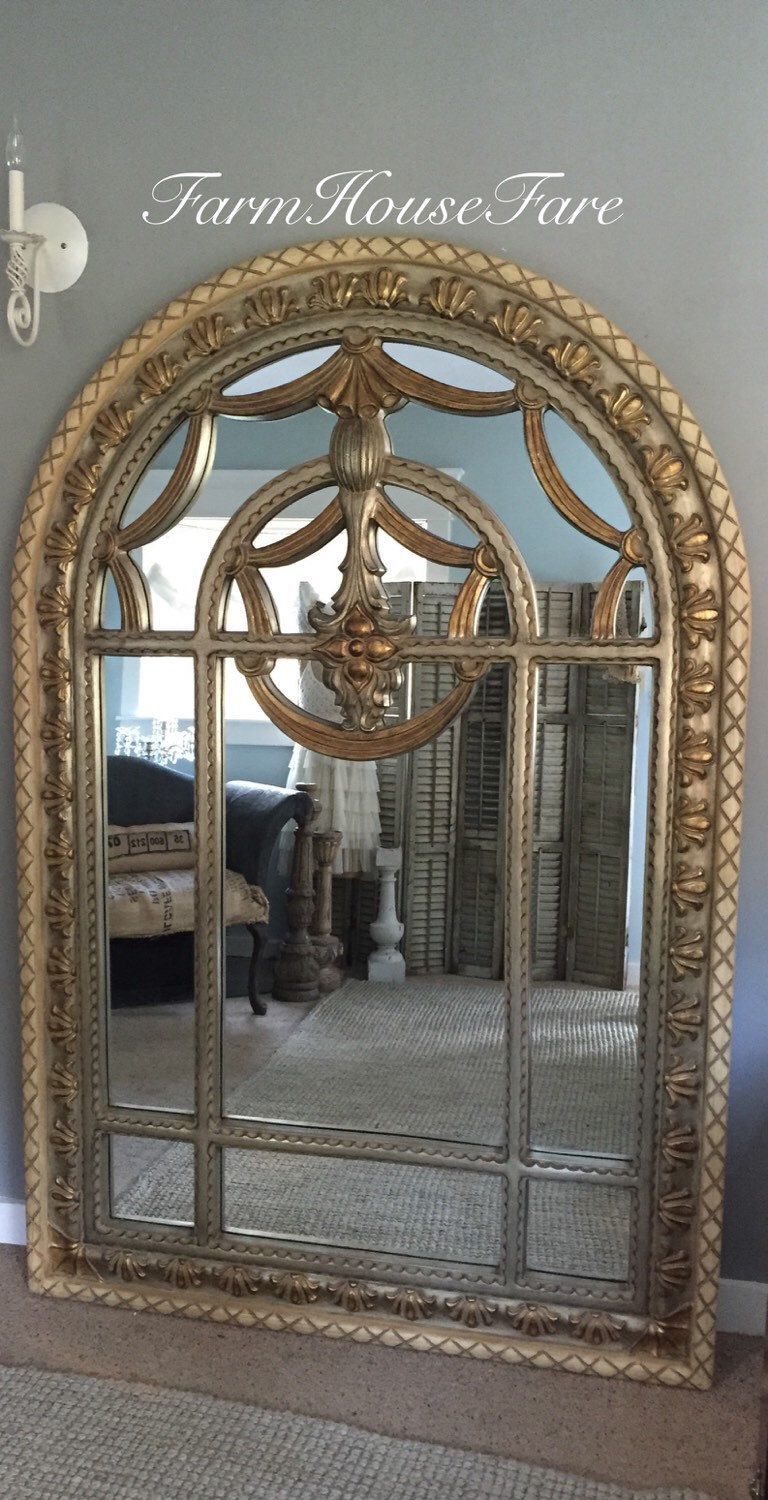Large Gold Leaning Mirror Arched Wall Hanging Hollywood Regency For Gold Arch Top Wall Mirrors (View 14 of 15)