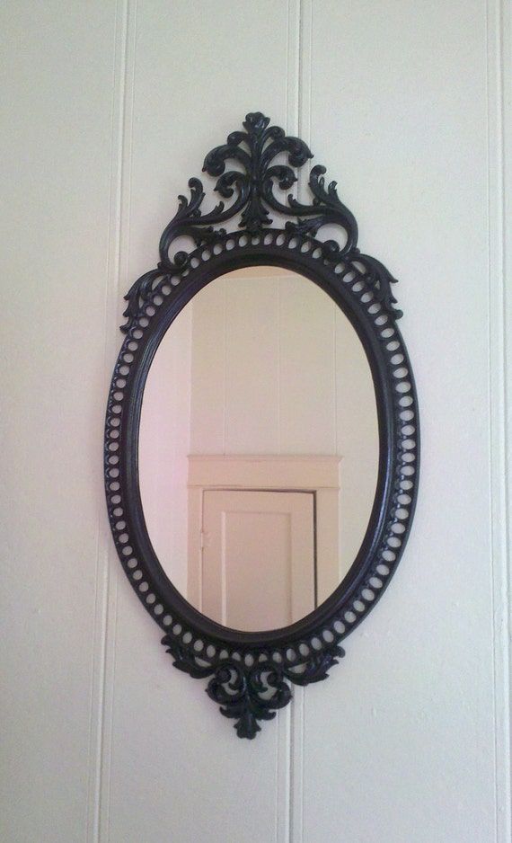 Large Ornate Oval Wall Mirror In Glossy Black Frame 31 X 16 Intended For Black Oval Cut Wall Mirrors (View 11 of 15)
