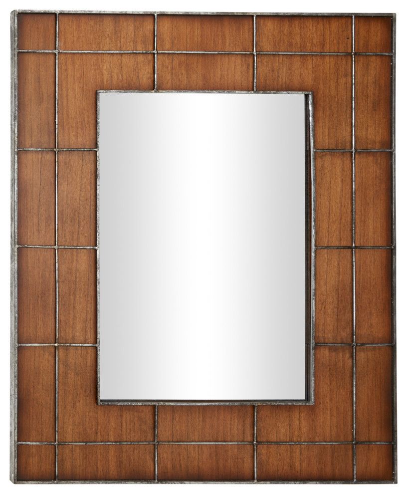 Large Rectangular Golden Brown Wood Wall Mirror With Metal Grid Overlay Regarding Chestnut Brown Wall Mirrors (View 4 of 15)