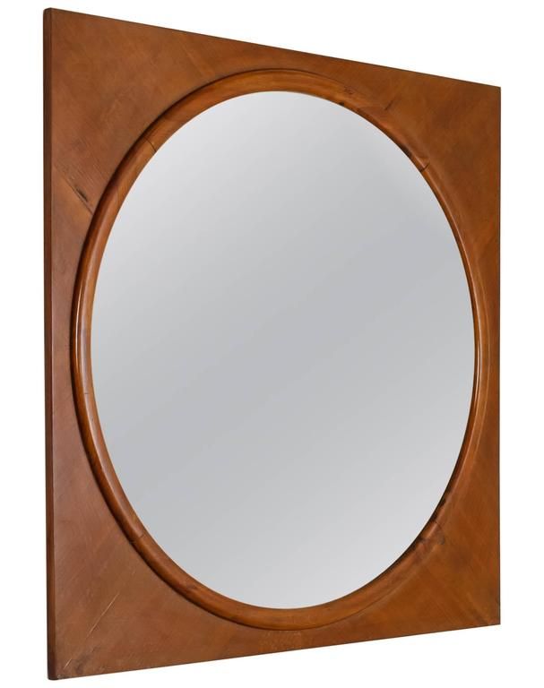 Large Round Wall Mirror In Square Walnut Frame, Italy, 1940s For Sale Intended For Uneven Round Framed Wall Mirrors (Photo 9 of 15)