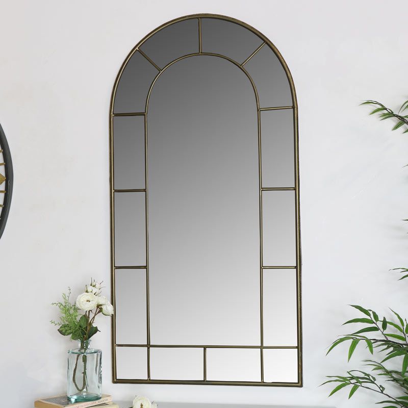 Large Rustic Grey Metal Frame Arch Window Style Wall Mirror Living Room In Waved Arch Tall Traditional Wall Mirrors (View 1 of 15)
