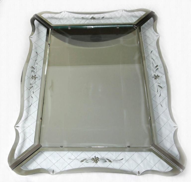 Large Wavy Edge Deco Clear Etched Wall Mirror For Sale At 1stdibs With Regard To Emerald Cut Wall Mirrors (View 12 of 15)