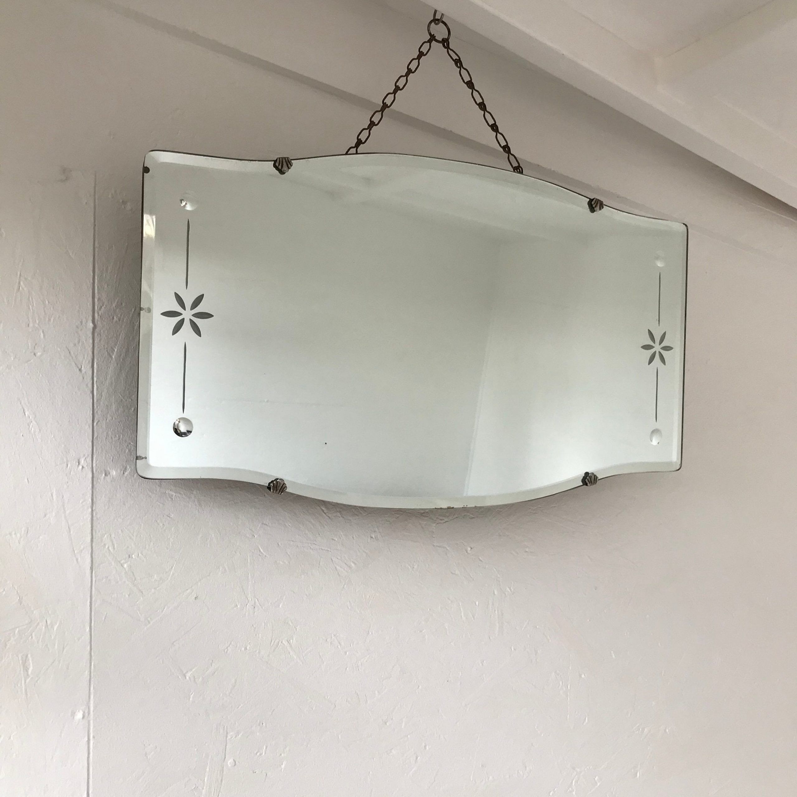 Lovely Frameless Scalloped Art Deco Mirror With Etched Sides (View 13 of 15)