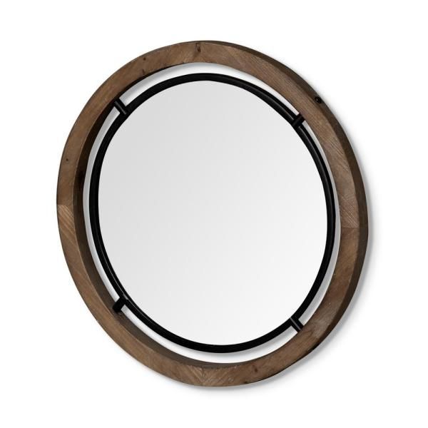 Mercana Josi 24" Wide Modern Brown Wood And Black Metal Round Framed Pertaining To Black Metal Wall Mirrors (View 8 of 15)