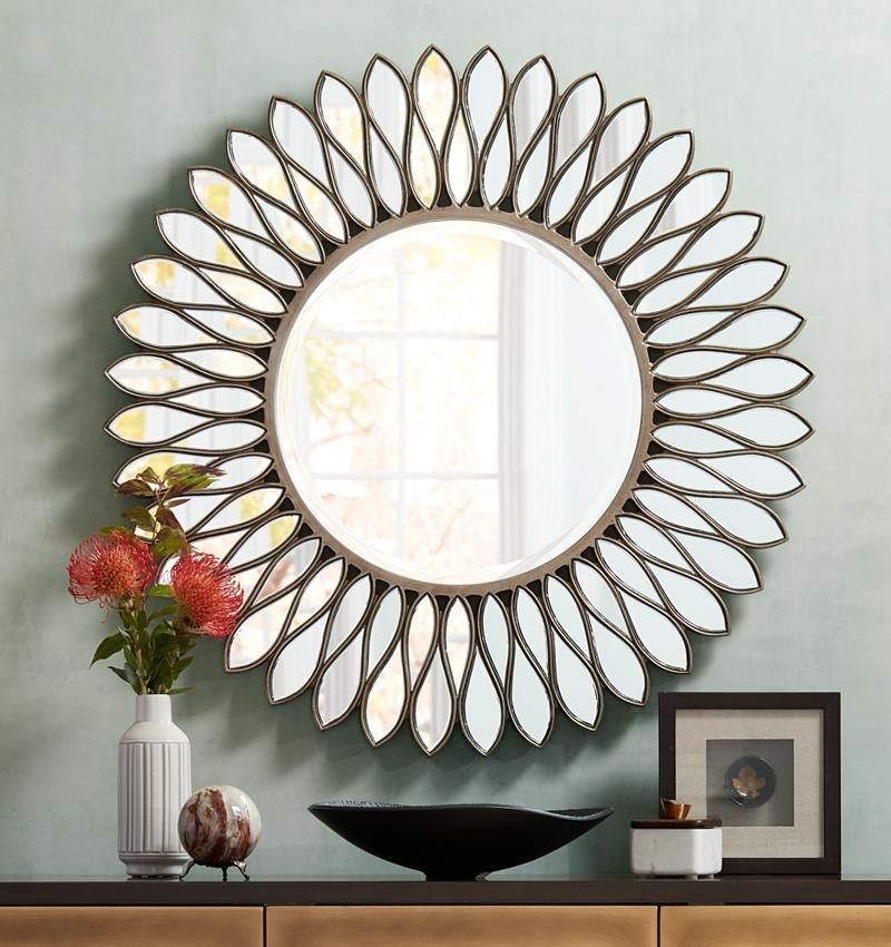 Mirrors | Helios Warm Silver 36" Round Sunburst Wall Mirror Within Silver Rounded Cut Edge Wall Mirrors (View 10 of 15)