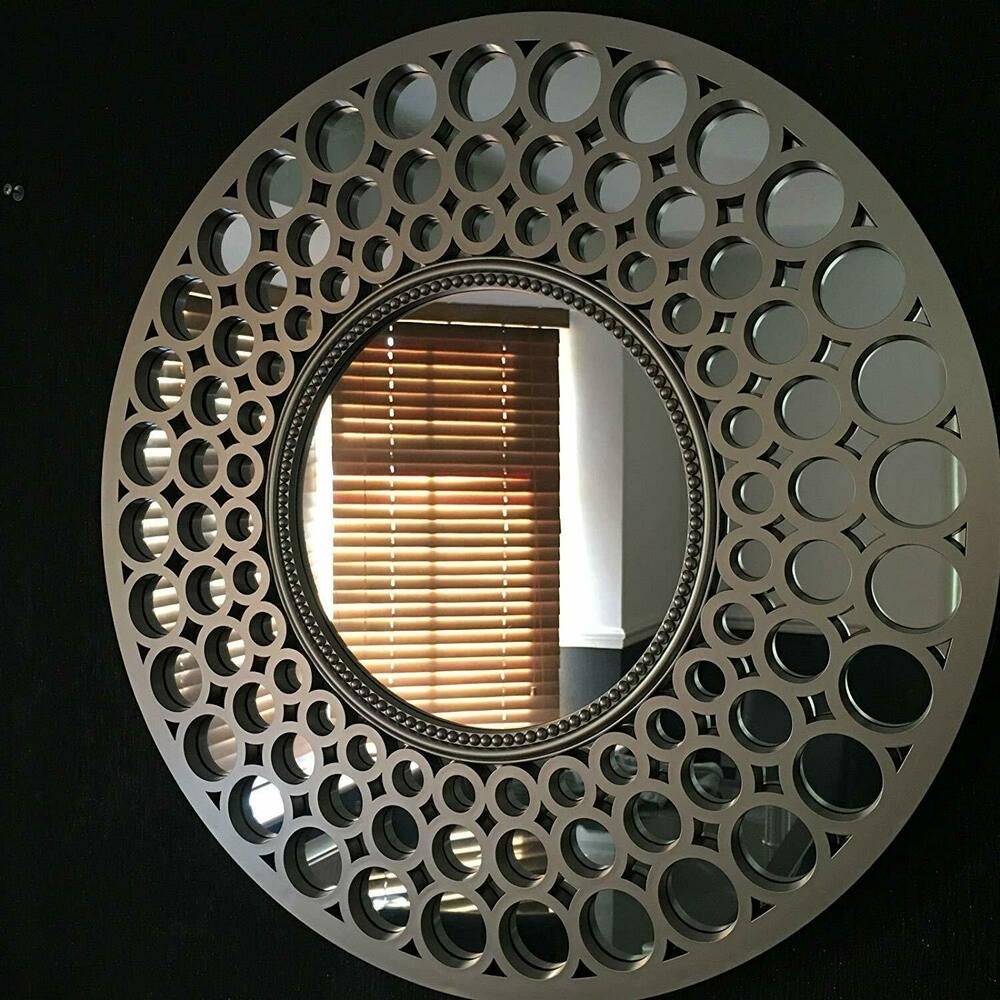 Moroccan Large Silver Round Wall Mirror Art Deco Metallic Silver Round Within Silver Rounded Cut Edge Wall Mirrors (View 8 of 15)