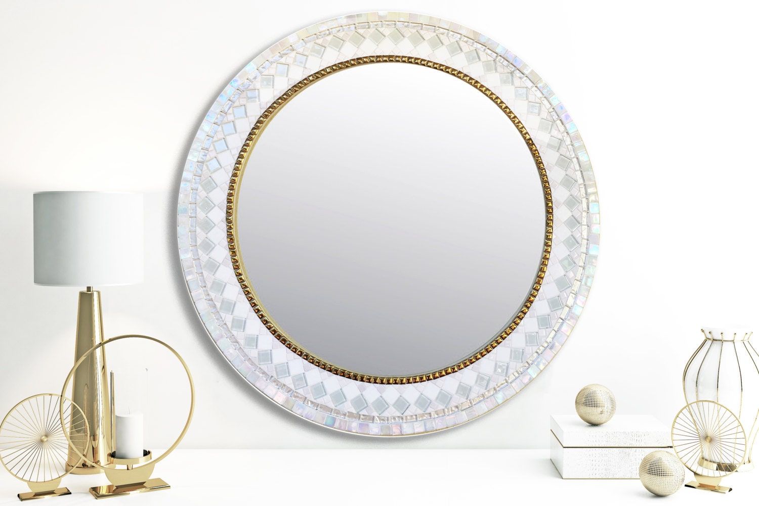Mosaic Mirror Round Wall Mirror White And Gold Mosaic Throughout Gold Black Rounded Edge Wall Mirrors (View 2 of 15)