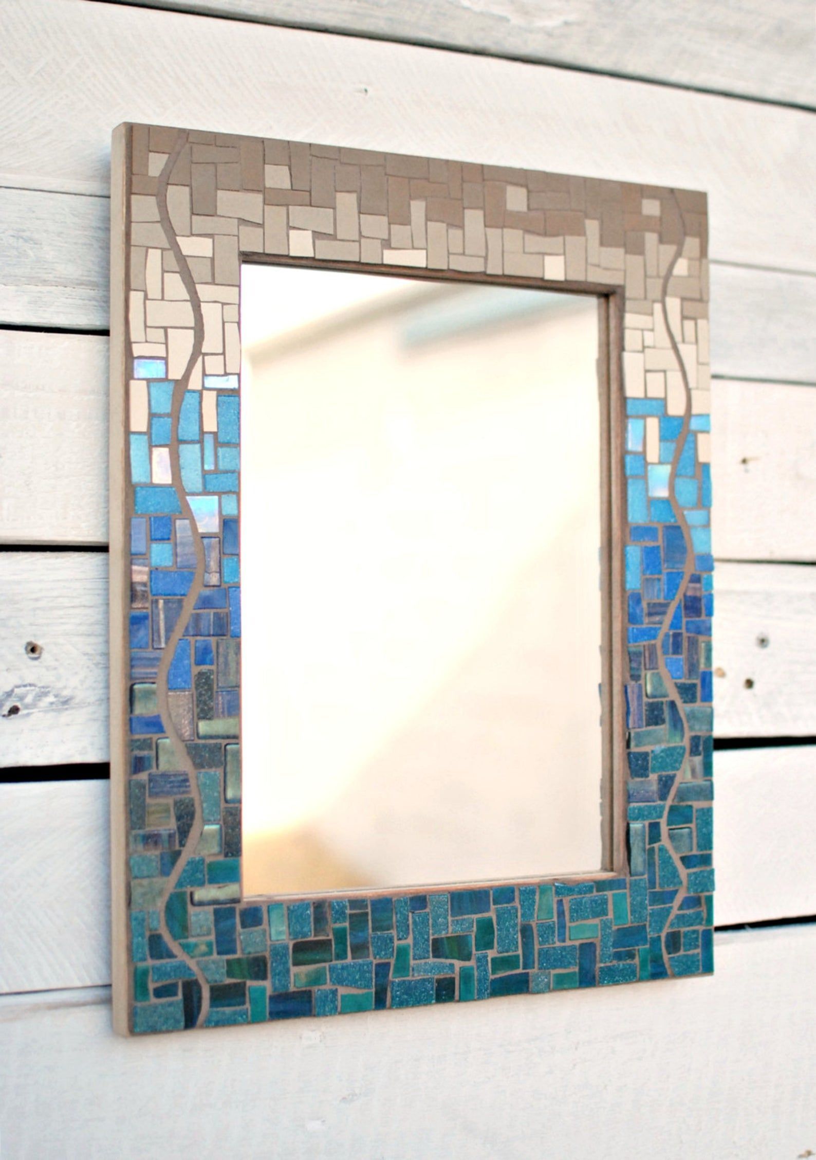 Mosaic Wall Mirror Seaside Gradient Mirror Ready To Ship | Etsy Inside Subtle Blues Art Glass Wall Mirrors (View 3 of 15)