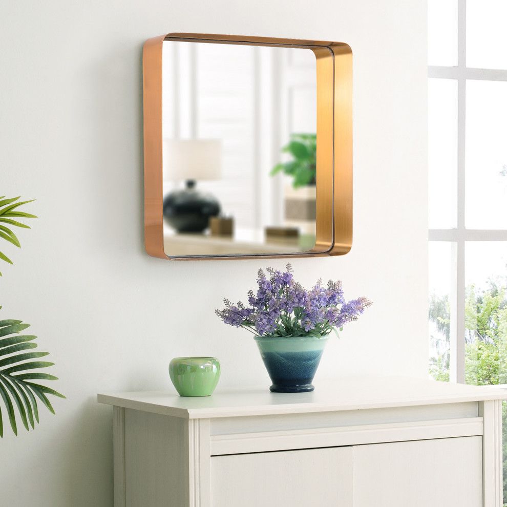 Motini 20'' Square Wall Mirror, Metal Frame Brushed Brass In Square Modern Wall Mirrors (Photo 13 of 15)