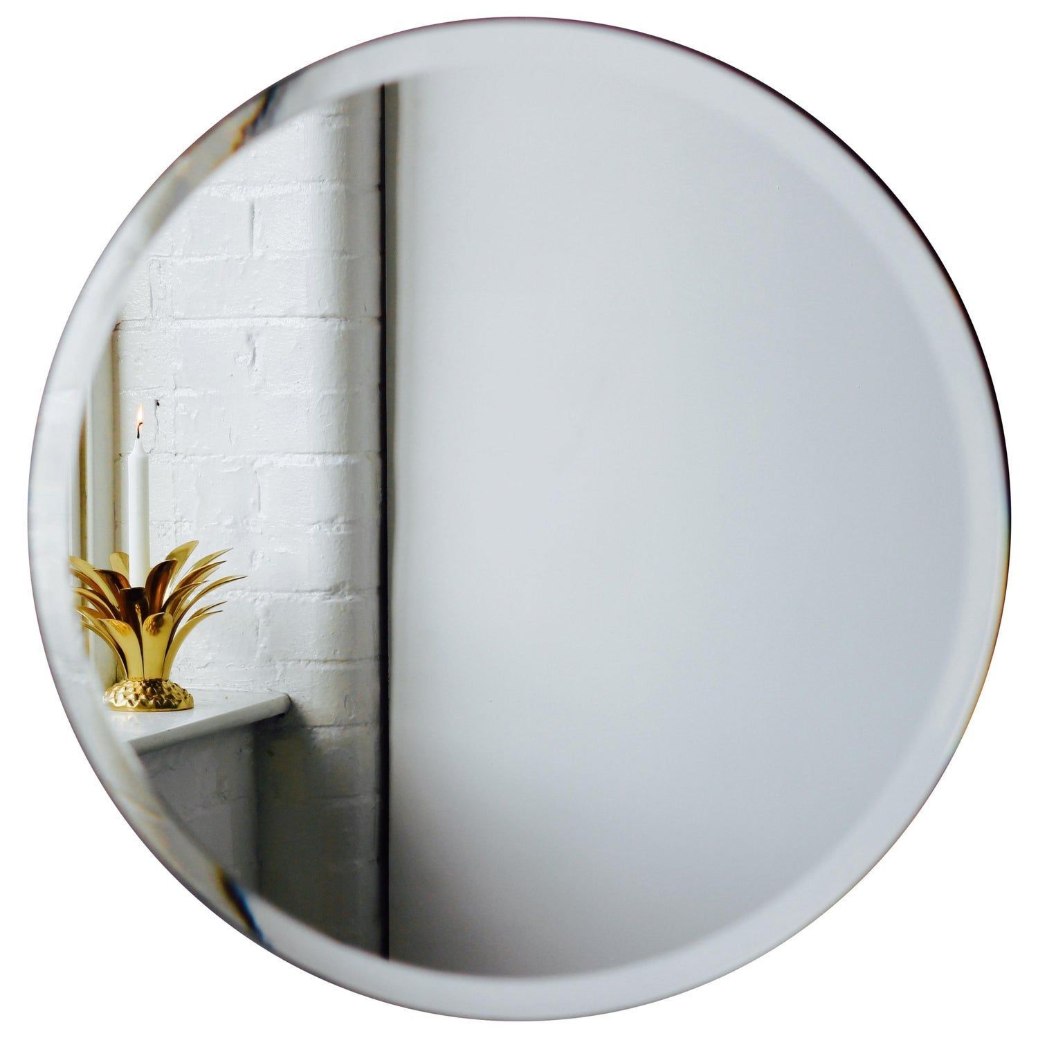 Orbis™ Round Frameless Beveled Mirror With Brass Clips – Extra Large In Crown Frameless Beveled Wall Mirrors (View 6 of 15)