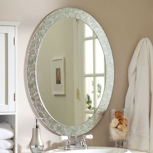 Oval Frame Less Bathroom Vanity Wall Mirror With Elegant Crystal Look Regarding Mirror Framed Bathroom Wall Mirrors (Photo 7 of 15)