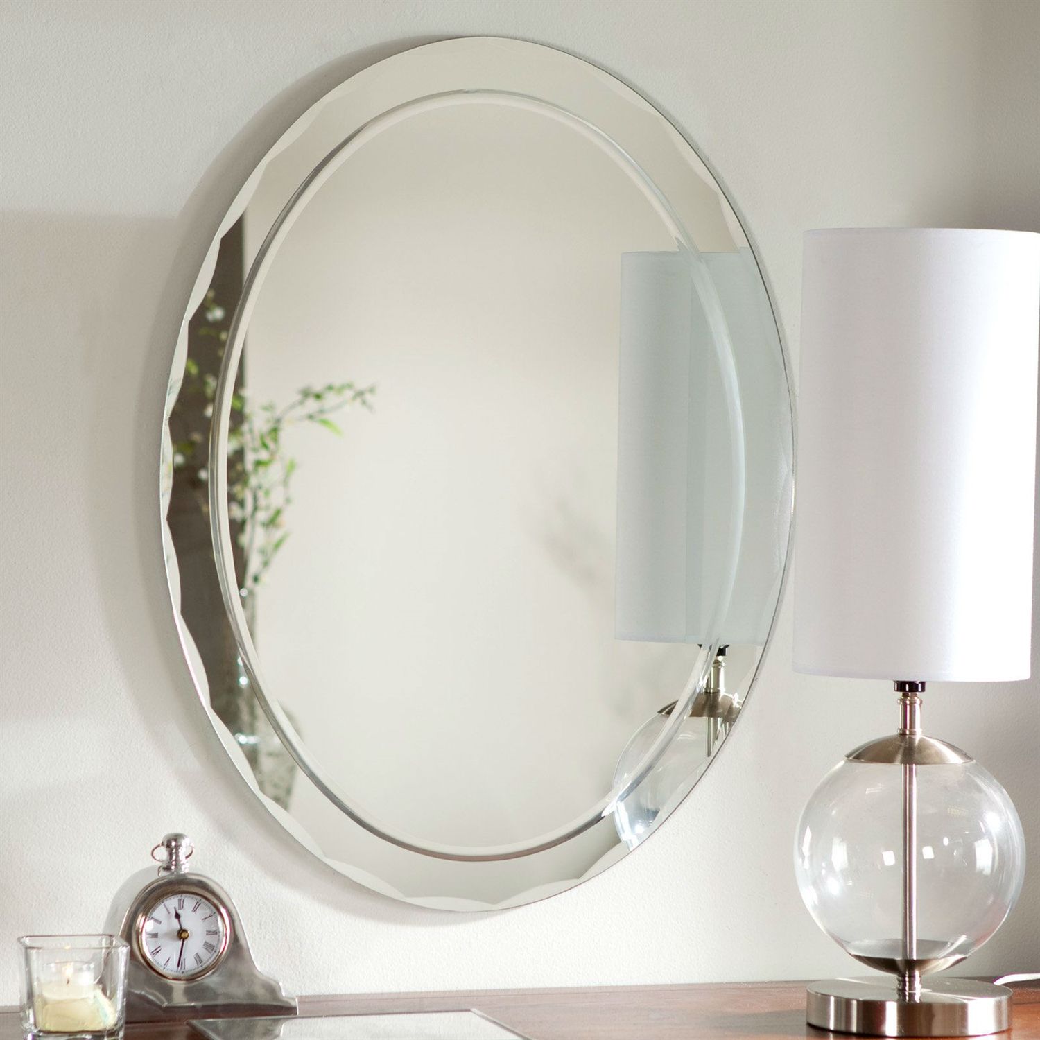 Oval Frameless Bathroom Vanity Wall Mirror With Beveled Edge Scallop Border Inside Frameless Tri Bevel Wall Mirrors (Photo 12 of 15)