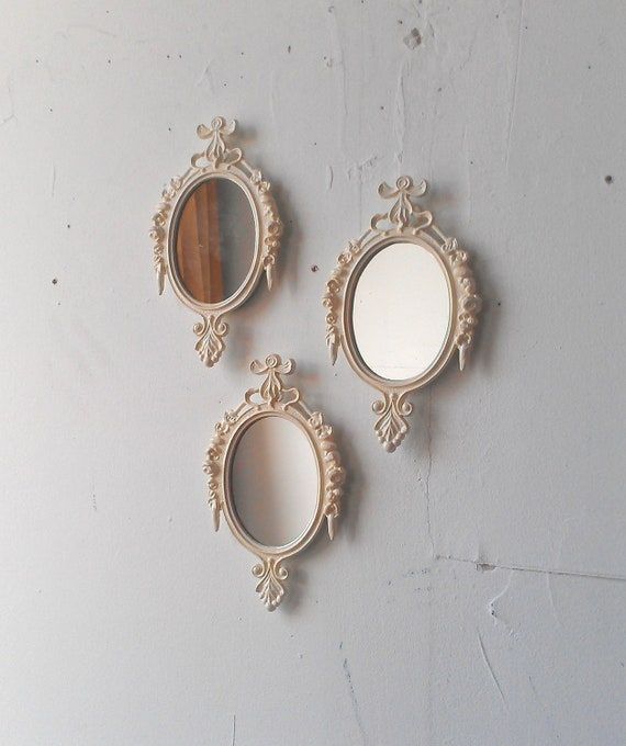 Oval Wall Mirror Set Of Three In Glossy Vintage White In Oval Wide Lip Wall Mirrors (View 12 of 15)