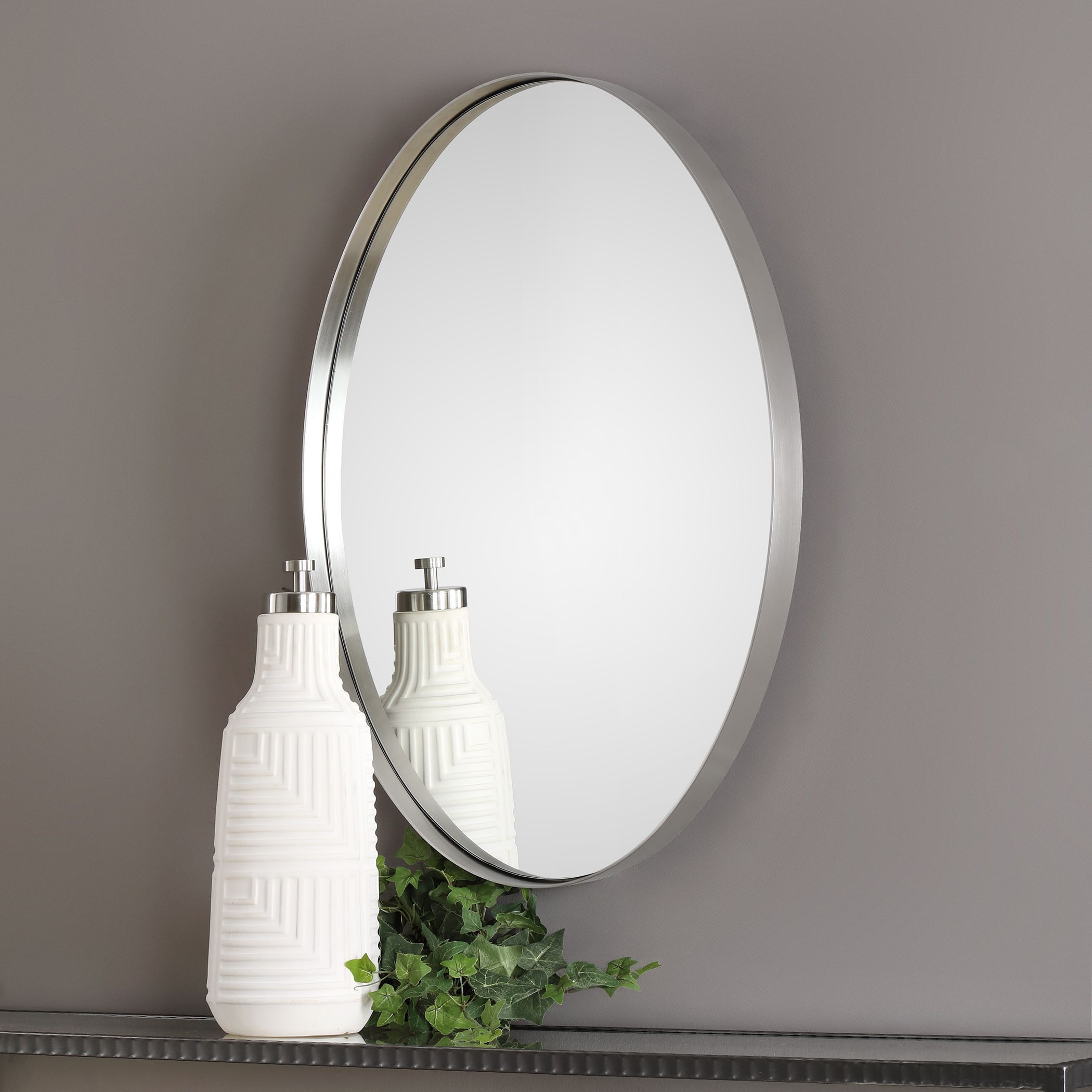 Pursley Contemporary Brushed Nickel Oval Framed Wall Mirror | Oval Pertaining To Nickel Floating Wall Mirrors (View 14 of 15)
