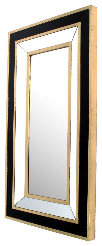 Rectangular Wooden Dressing Mirror With Beveled Edges, Black And Gold Pertaining To Square Frameless Beveled Wall Mirrors (View 12 of 15)