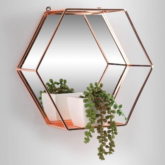 Rose Gold Hexagon Mirror Shelf Metal Wire Wall Shelf Home Decor Storage Within Gold Hexagon Wall Mirrors (View 8 of 15)