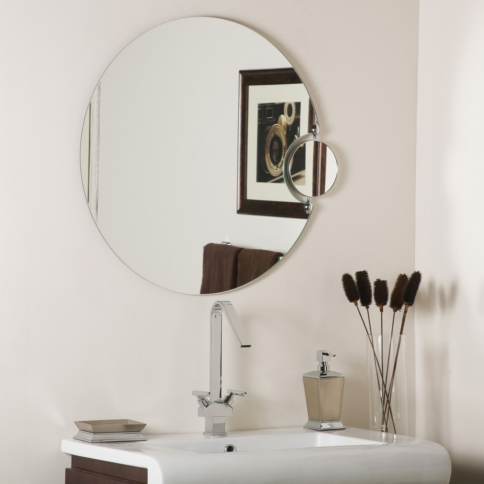 Round Bathroom Mirror With Side Magnifier In Frameless Mirrors With Round Frameless Bathroom Wall Mirrors (View 13 of 15)