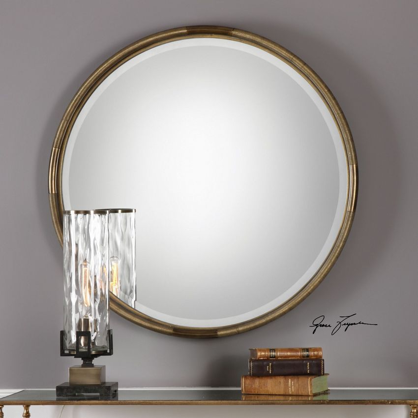 Round Classic Beveled Wall Mirror Traditional Antique Gold Frame In Antique Gold Scallop Wall Mirrors (View 12 of 15)