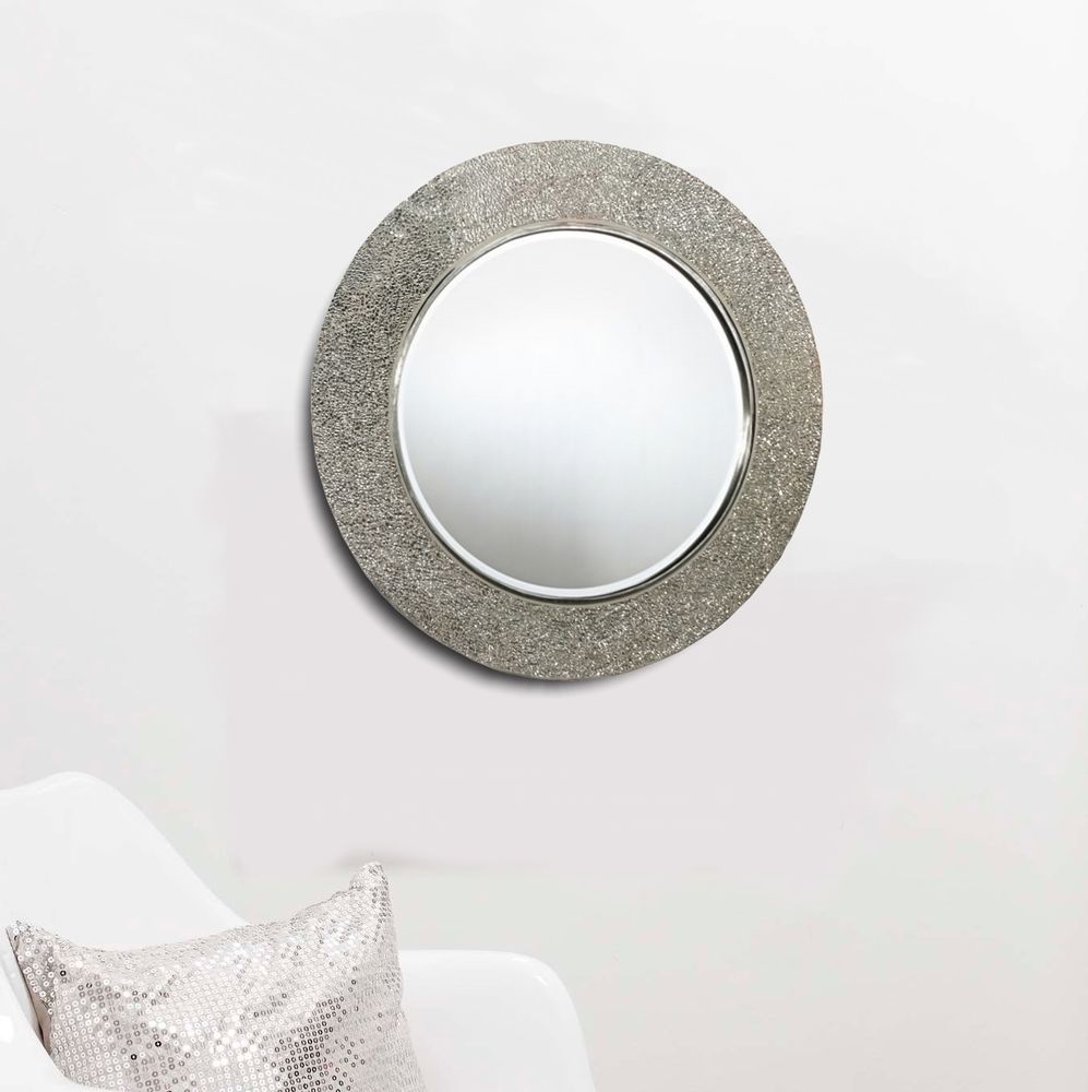 Round Crackle Wall Mirror Handmade Broken Glass Mosaic Silver Frame 70 Inside Rounded Cut Edge Wall Mirrors (View 12 of 15)