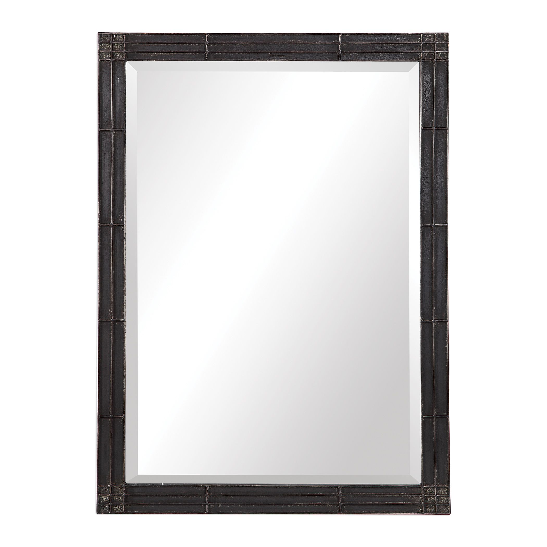 Rustic Black Silver Iron Wall Mirror | 35" Geometric Vanity Metal Pertaining To Metallic Silver Wall Mirrors (View 5 of 15)