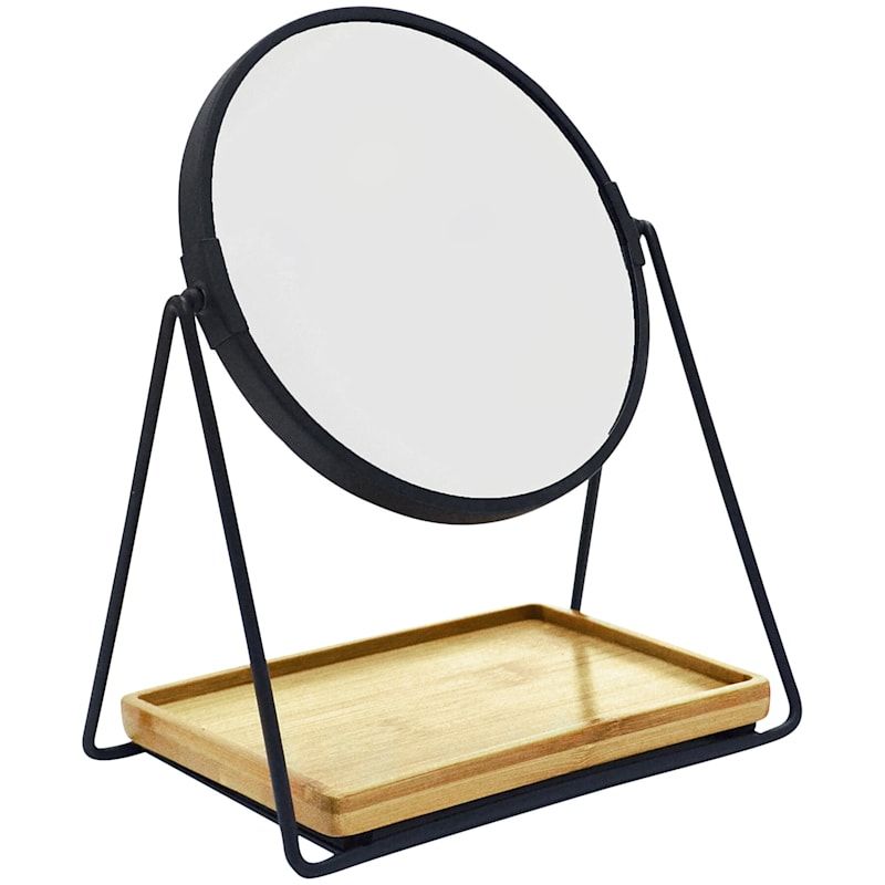 Ryu Matte Black Metal Magnifying Mirror/bamboo Accessory Tray | At Home Pertaining To Matte Black Metal Wall Mirrors (View 3 of 15)