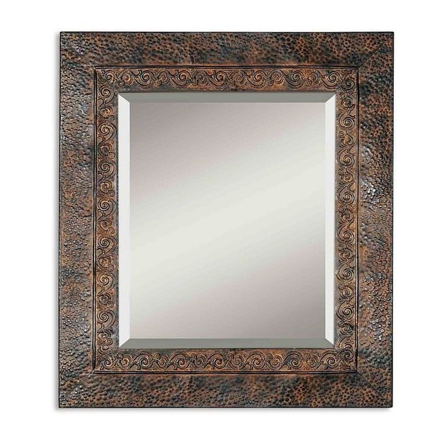 Shop 34" Rustic Brown & Black Hammered Metal Framed Beveled Rectangular Intended For Rustic Industrial Black Frame Wall Mirrors (View 7 of 15)