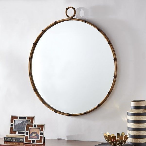Shop Marza Antiqued Brass Finish Round Mirror With Decorative Ring Pertaining To Free Floating Printed Glass Round Wall Mirrors (View 5 of 15)