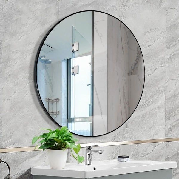 Shop Mirror Trend Round Flat Metal Framed Wall Mirror Dm031bk 30 Dia 30 Throughout Free Floating Printed Glass Round Wall Mirrors (View 13 of 15)