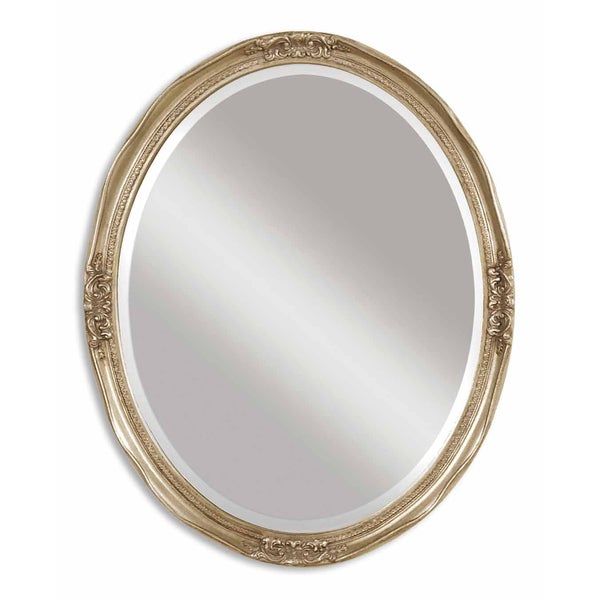 Shop Uttermost Newport Antique Silver Leaf Framed Beveled Oval Mirror In Antiqued Gold Leaf Wall Mirrors (View 2 of 15)
