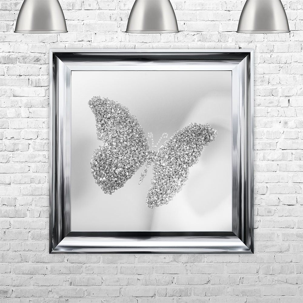Silver Butterfly | Mirror Back | Framed Liquid Artwork And Swarovski Within Butterfly Gold Leaf Wall Mirrors (View 7 of 15)
