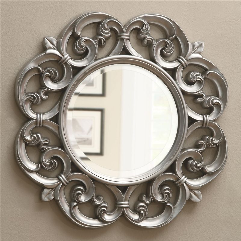 Silver Fleur De Lis Ornate Round Wall Mirrorcoaster – 900699 For Silver Rounded Cut Edge Wall Mirrors (View 14 of 15)
