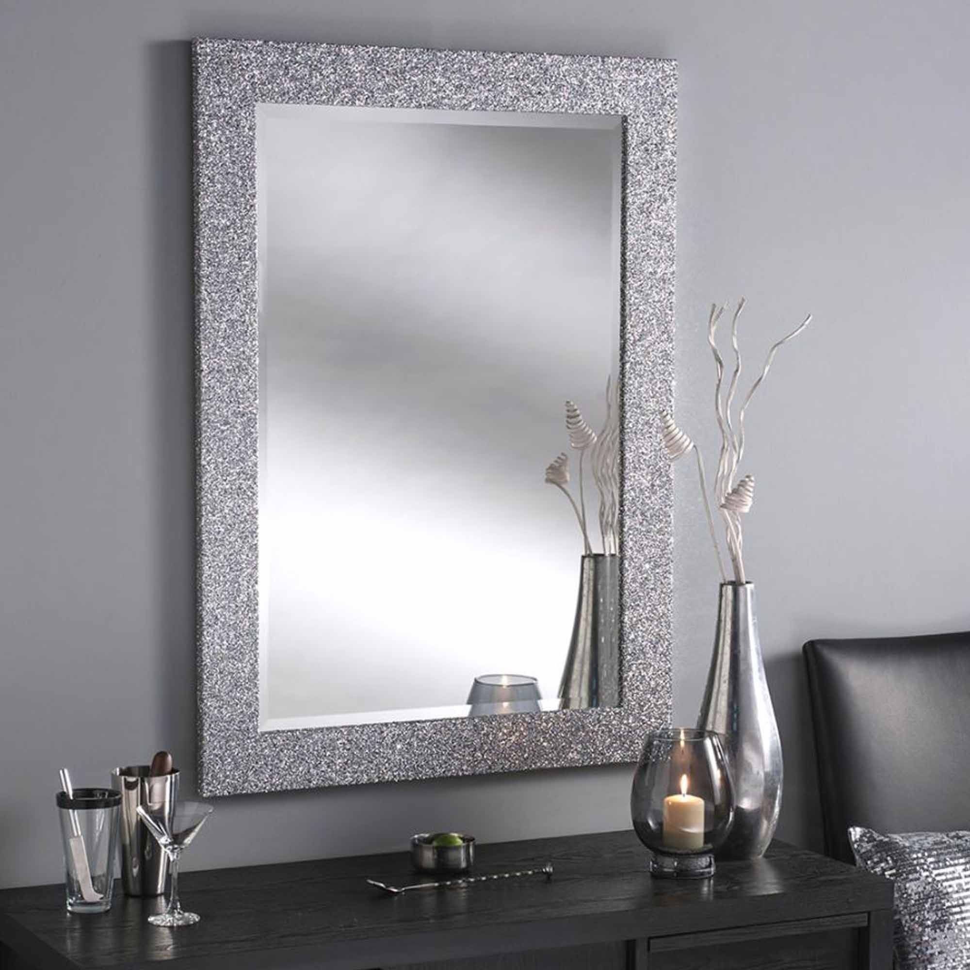 Silver Glitter Rectangular Wall Mirror | Homesdirect365 In Silver Asymmetrical Wall Mirrors (View 7 of 15)