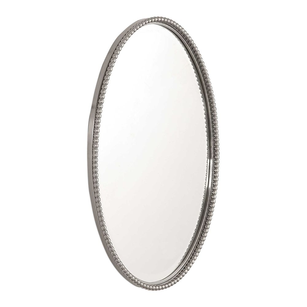 Silver Nickel Beaded Edge Oval Wall Mirror 32" Vanity Bathroom Horchow Pertaining To Polished Nickel Oval Wall Mirrors (View 13 of 15)