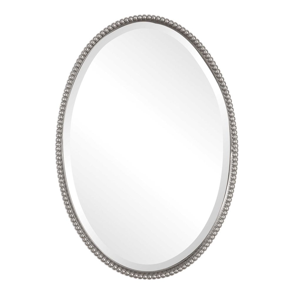 Silver Nickel Beaded Edge Oval Wall Mirror 32" Vanity Bathroom Horchow Throughout Polished Nickel Oval Wall Mirrors (View 4 of 15)