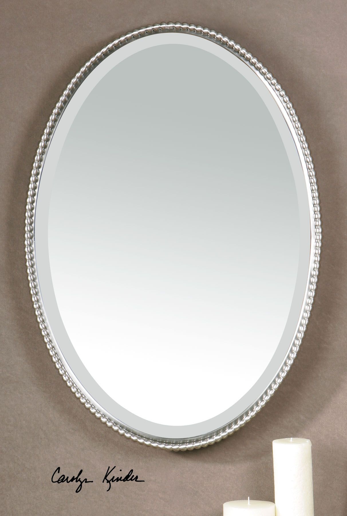 Silver Nickel Beaded Edge Oval Wall Mirror 32" Vanity Bathroom Horchow Within Round Beaded Trim Wall Mirrors (View 2 of 15)