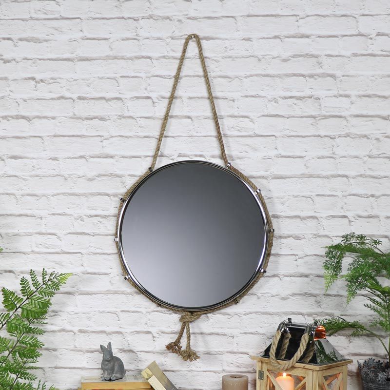 Silver Nickel Nautical Wall Mirror With Rope Hanger 44cm In Nickel Floating Wall Mirrors (View 11 of 15)