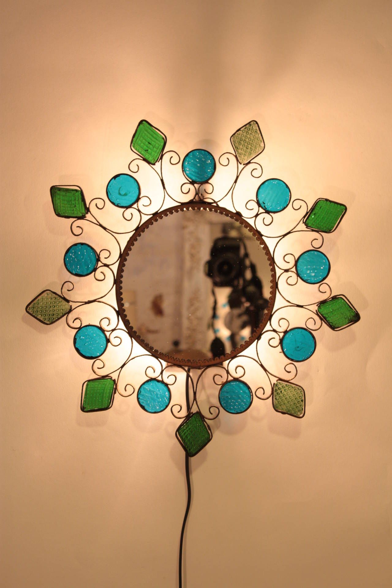 Spanish Blue And Green Glasses Iron Mirror Wall Sconce For Sale At 1stdibs Intended For Blue Green Wall Mirrors (Photo 3 of 15)
