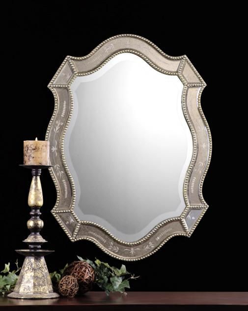 This Shapely Mirror Features Golden Antiqued, Etched Mirrors Accented Throughout Antique Gold Etched Wall Mirrors (View 4 of 15)