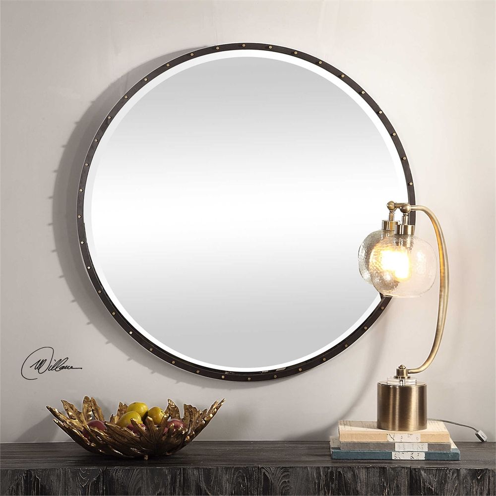 Urban Industrial Black Iron Round Wall Mirror Large 42" Vanity Bath For Round Metal Luxe Gold Wall Mirrors (View 9 of 15)