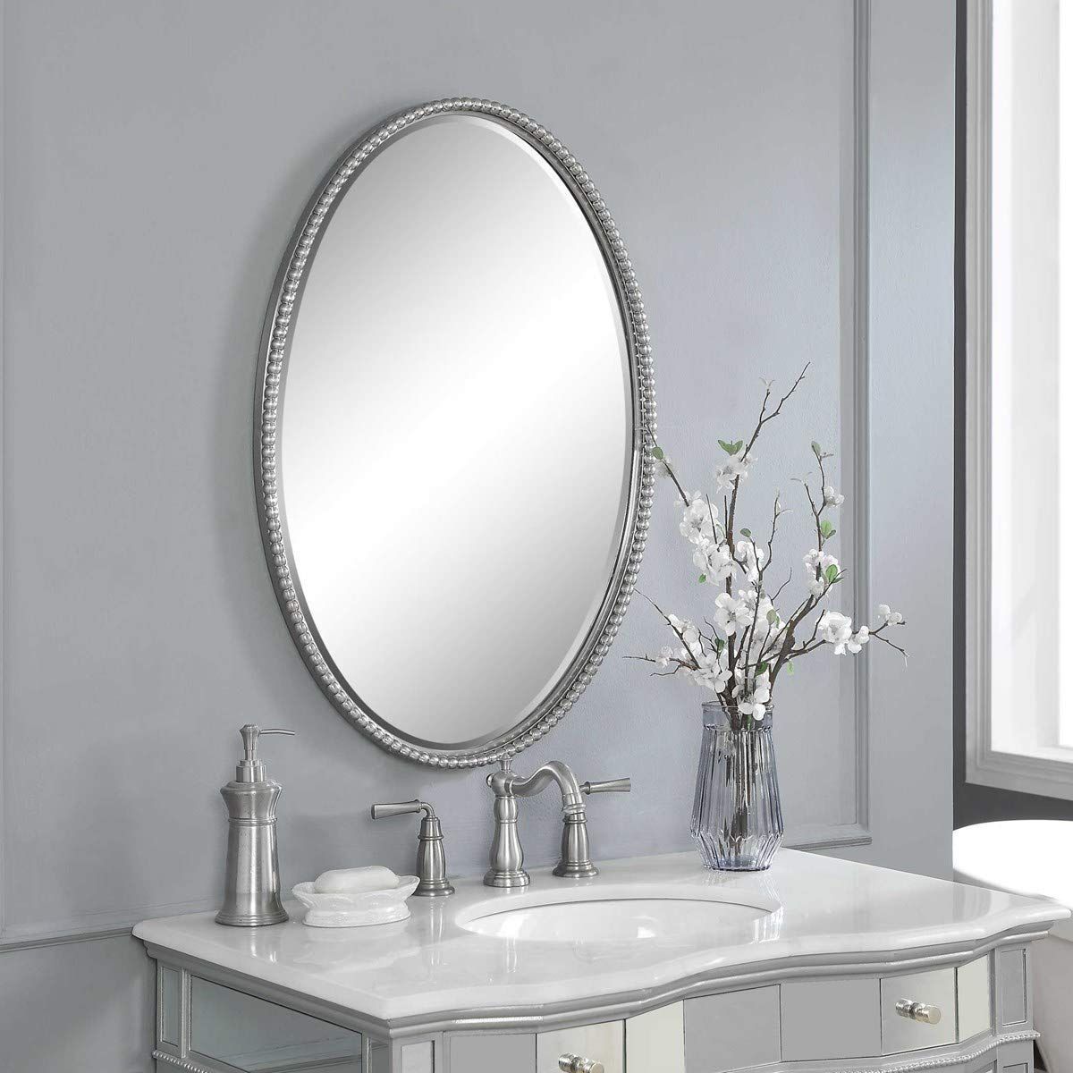 Uttermost' 01102 Sherise Oval Brushed Nickel Beaded Wall Mirror Intended For Nickel Framed Oval Wall Mirrors (View 10 of 15)